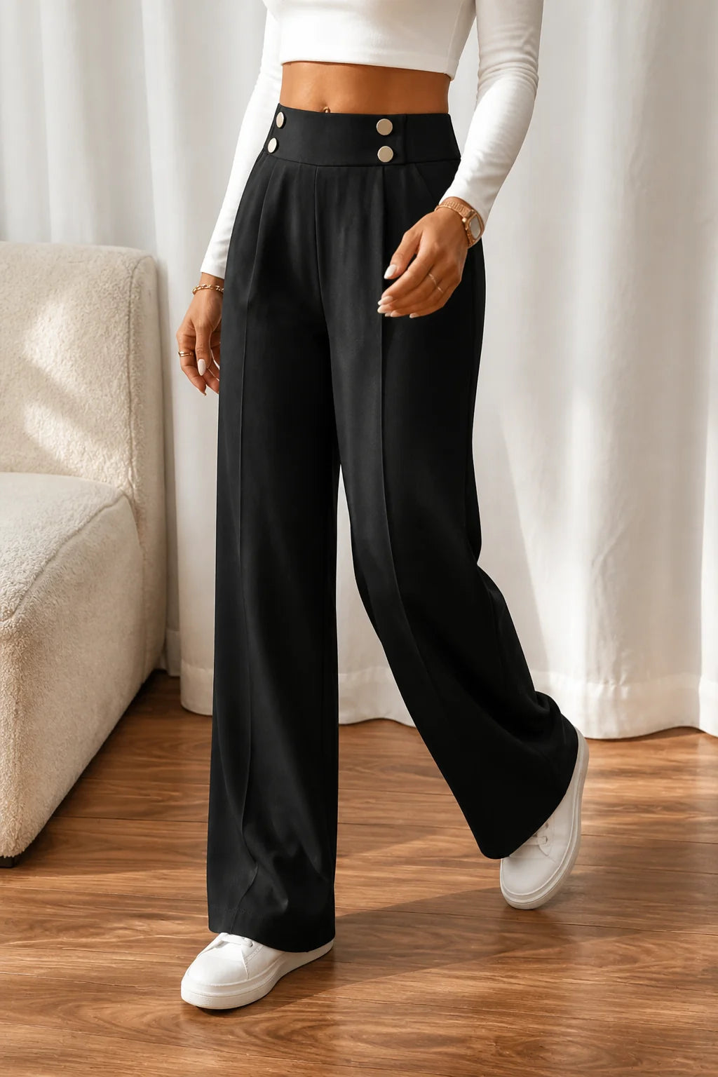 Wijde Broek Dames met Hoge Taille en Sierknopen in Zwart, productfoto