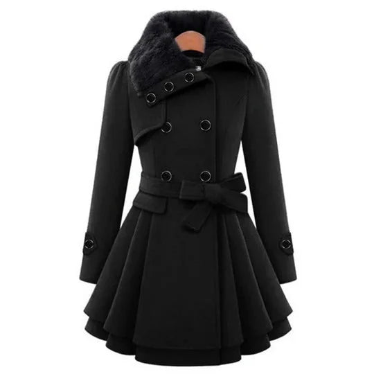 Lange Winterjas Dames met Bontkraag in Zwart, productfoto