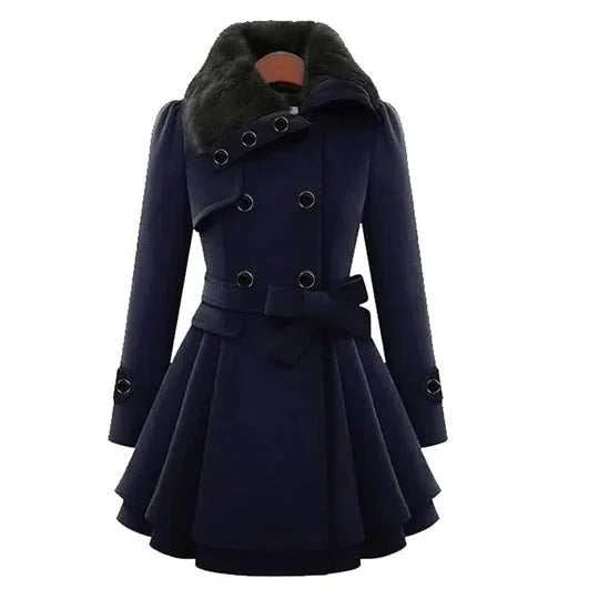 Lange Winterjas Dames met Bontkraag in Blauw, productfoto