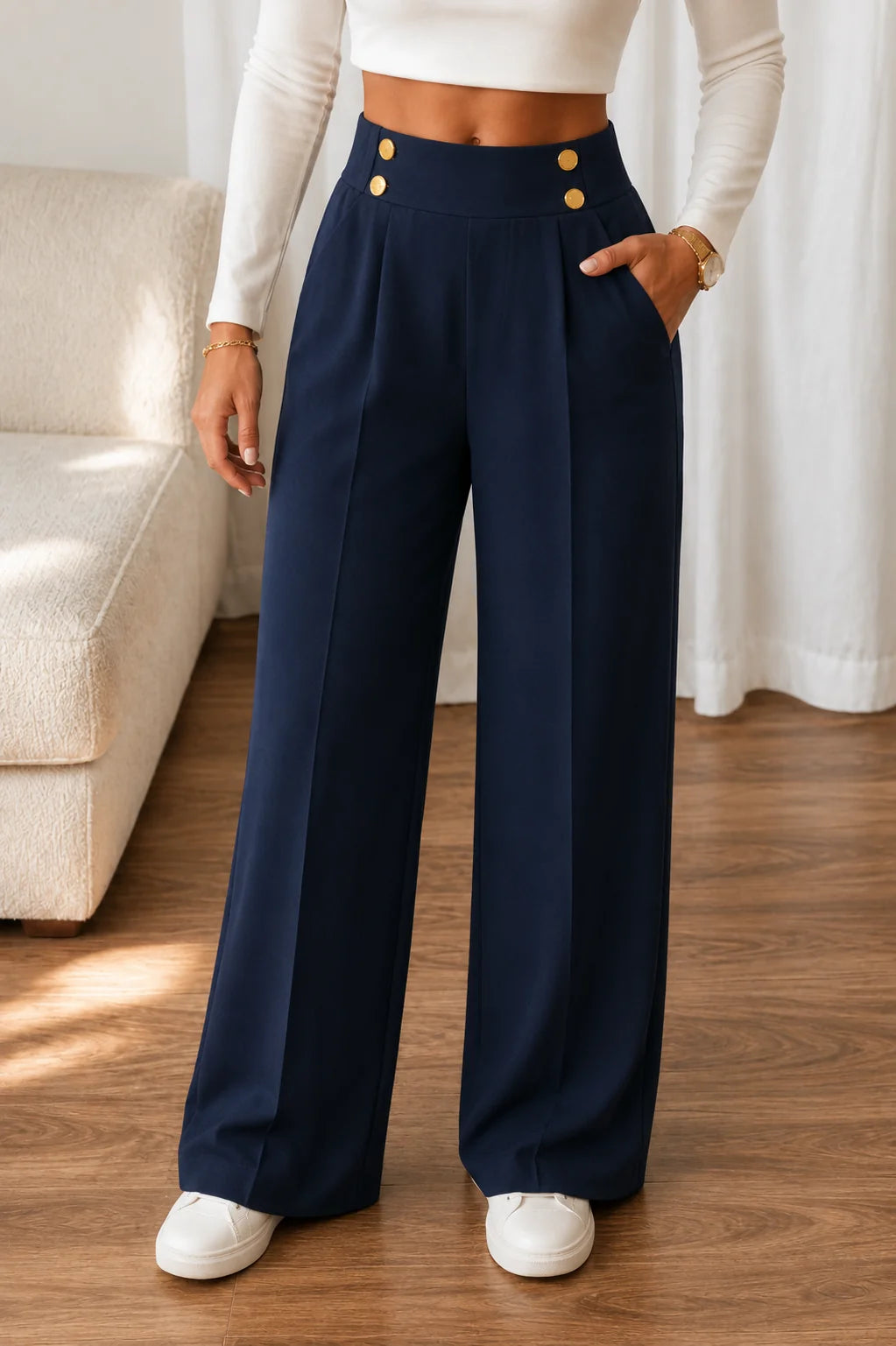Wijde Broek Dames met Hoge Taille en Sierknopen in Marineblauw, productfoto
