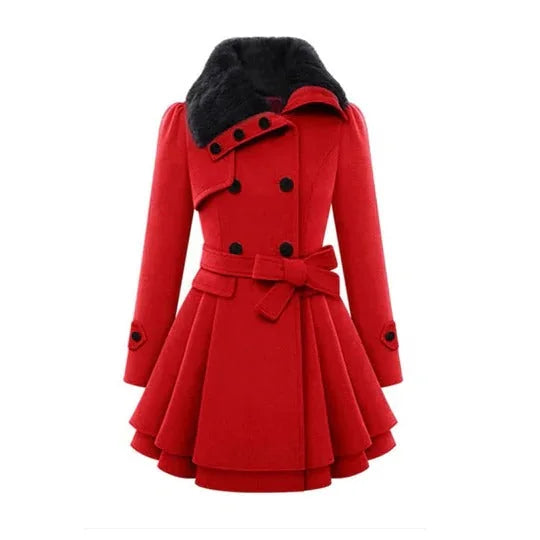 Lange Winterjas Dames met Bontkraag in Rood, productfoto