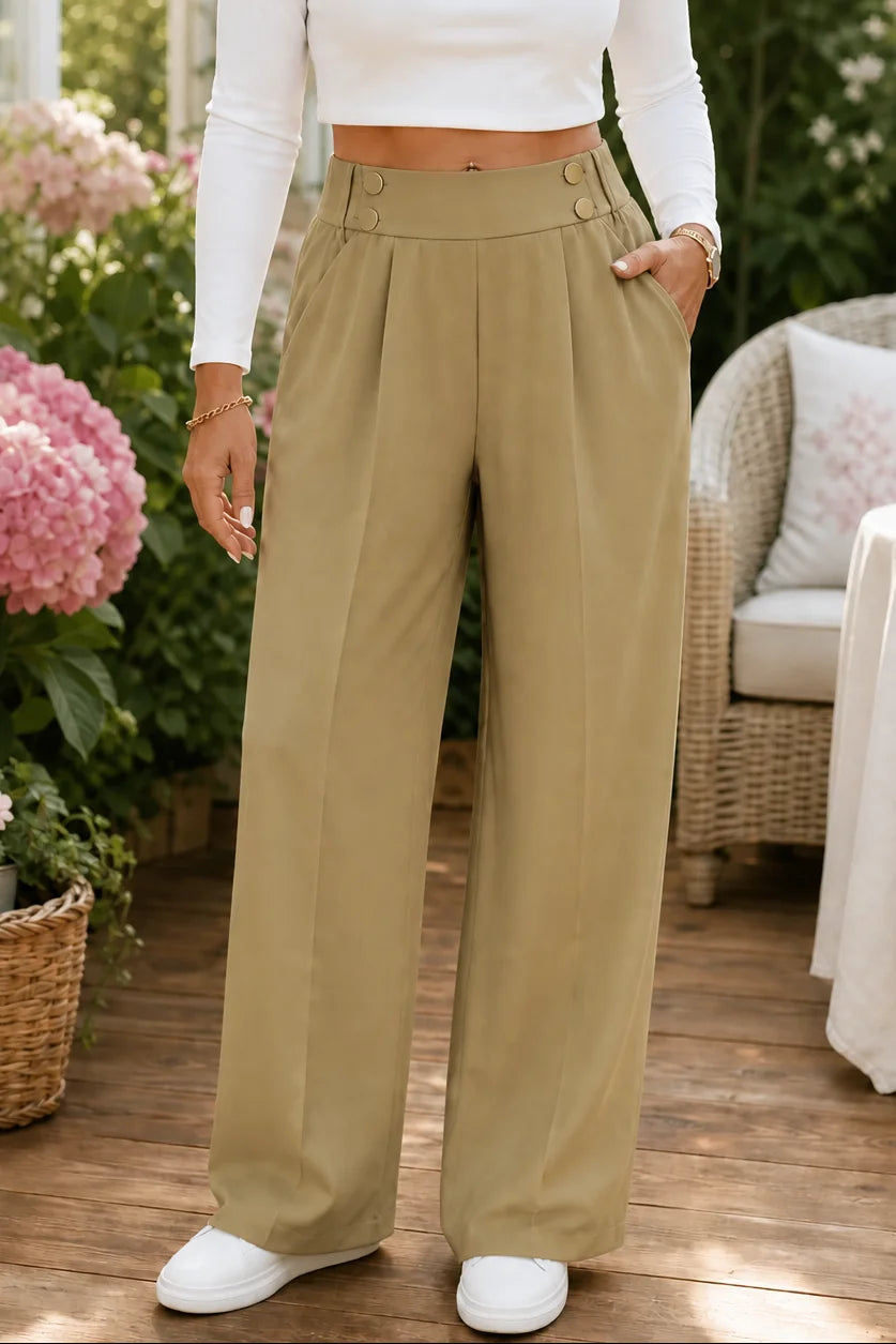 Wijde Broek Dames met Hoge Taille en Sierknopen in Kaki, productfoto