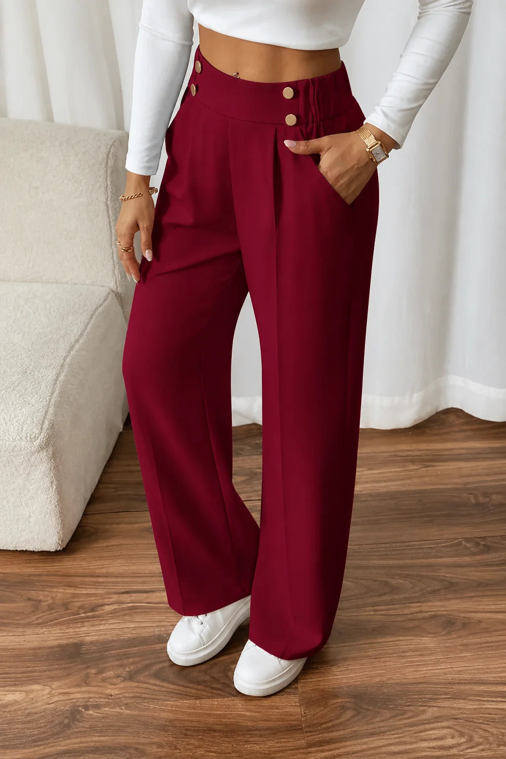 Wijde Broek Dames met Hoge Taille en Sierknopen in Wijnrood, productfoto