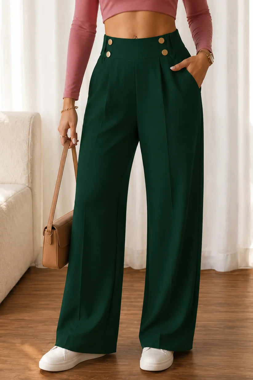 Wijde Broek Dames met Hoge Taille en Sierknopen in Donkergroen, productfoto
