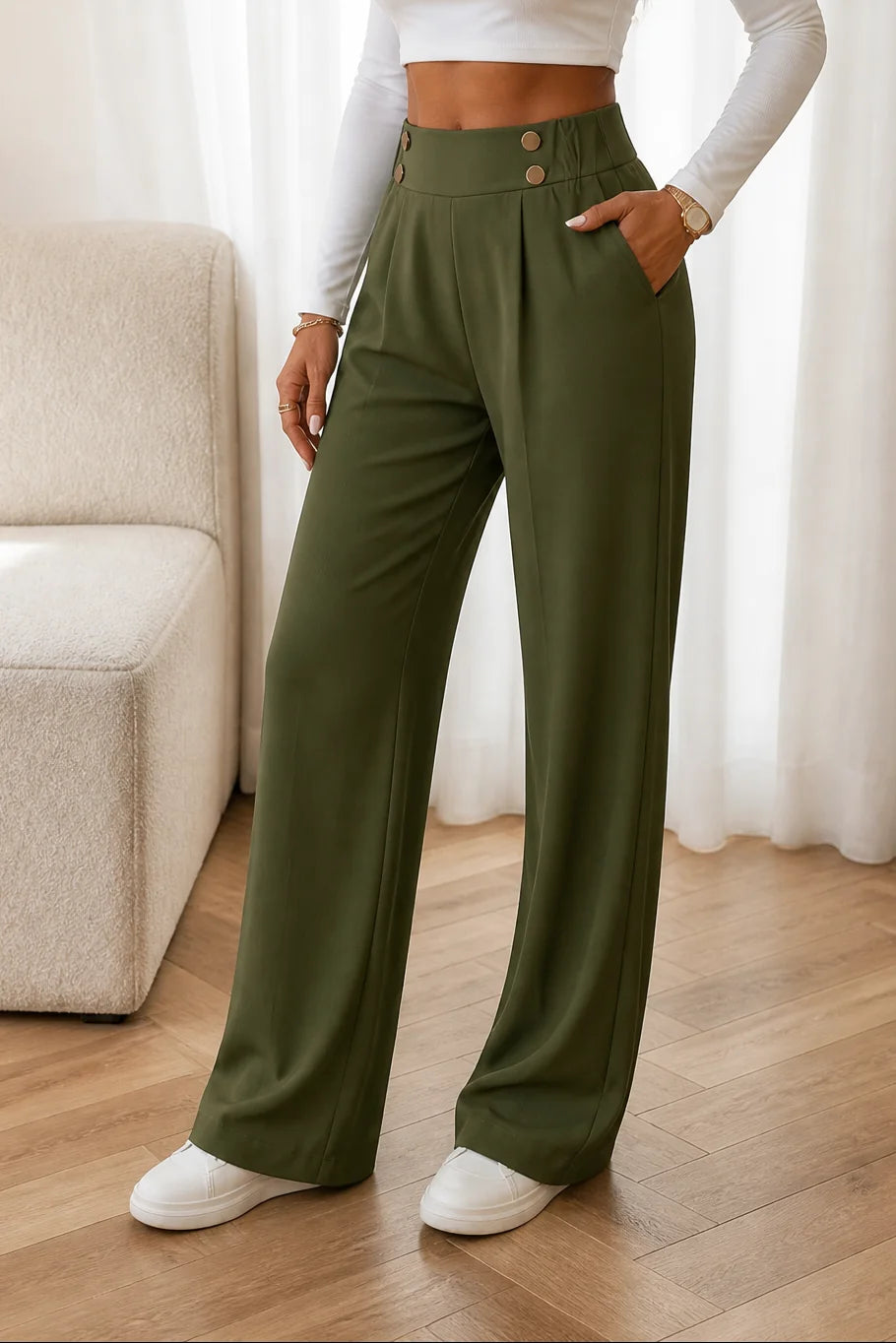 Wijde Broek Dames met Hoge Taille en Sierknopen in Legergroen, productfoto