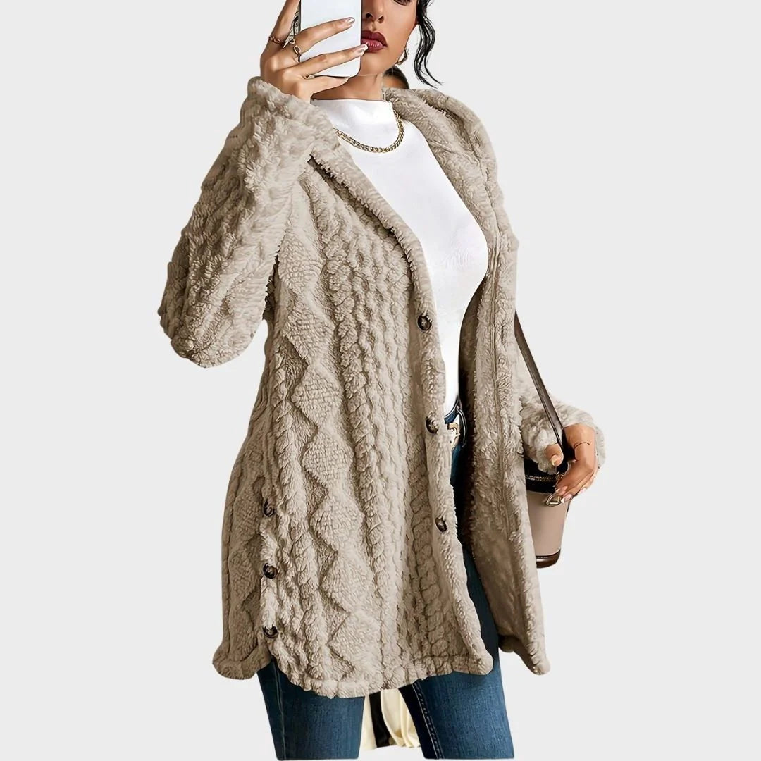 Oversized Vest met Capuchon Dames Fleece in Beige, gedragen door model, vooraanzicht