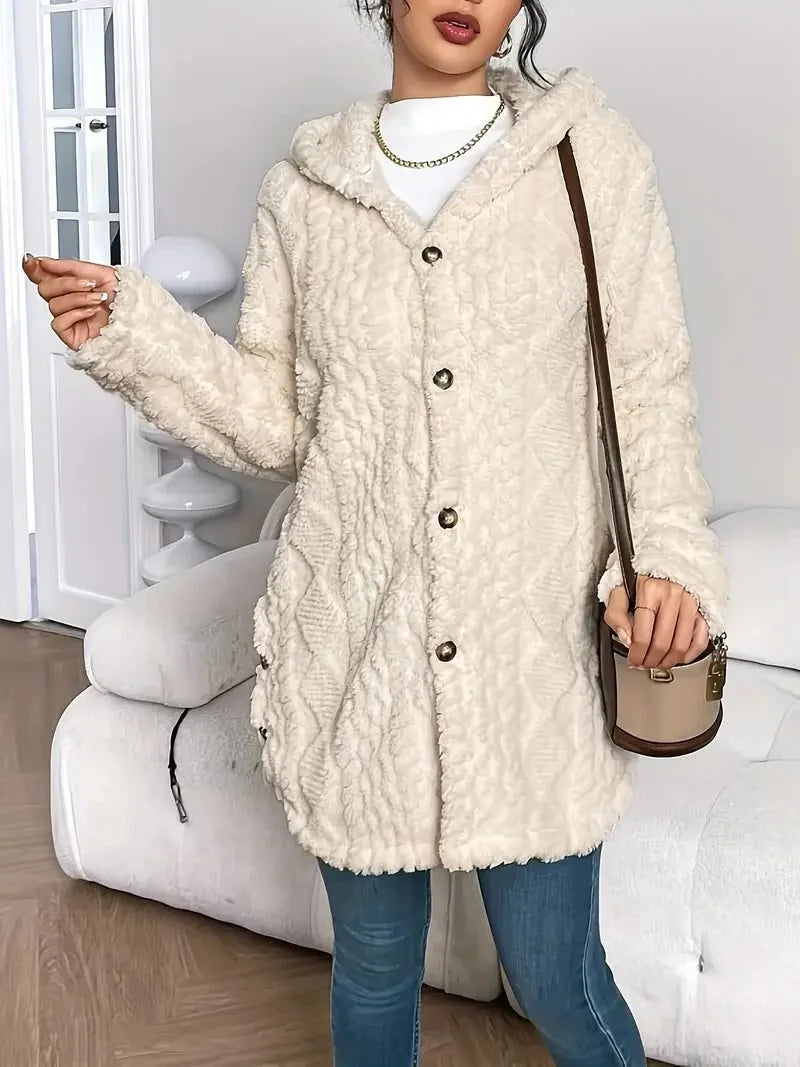 Oversized Vest met Capuchon Dames Fleece in Beige, gedragen door model, zijaanzicht