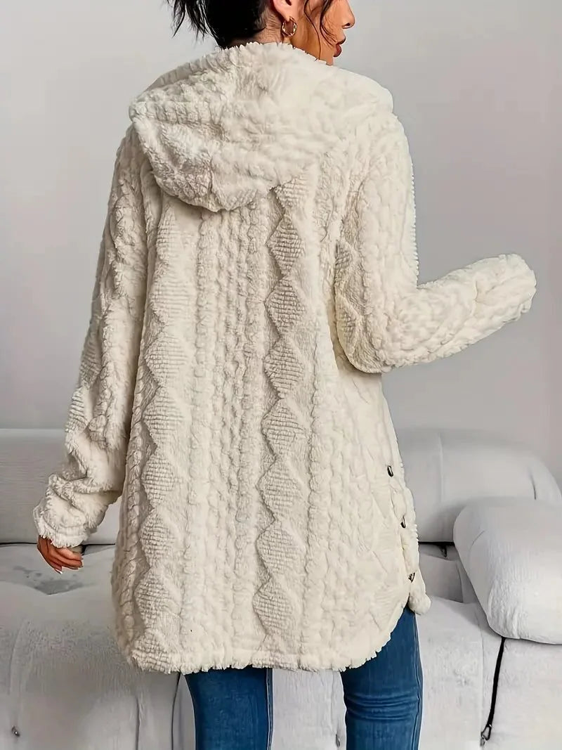 Oversized Vest met Capuchon Dames Fleece in Beige, gedragen door model, detailfoto