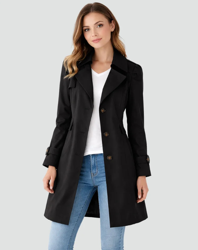 Getailleerde Trenchcoat Dames Halflang in Zwart, productfoto