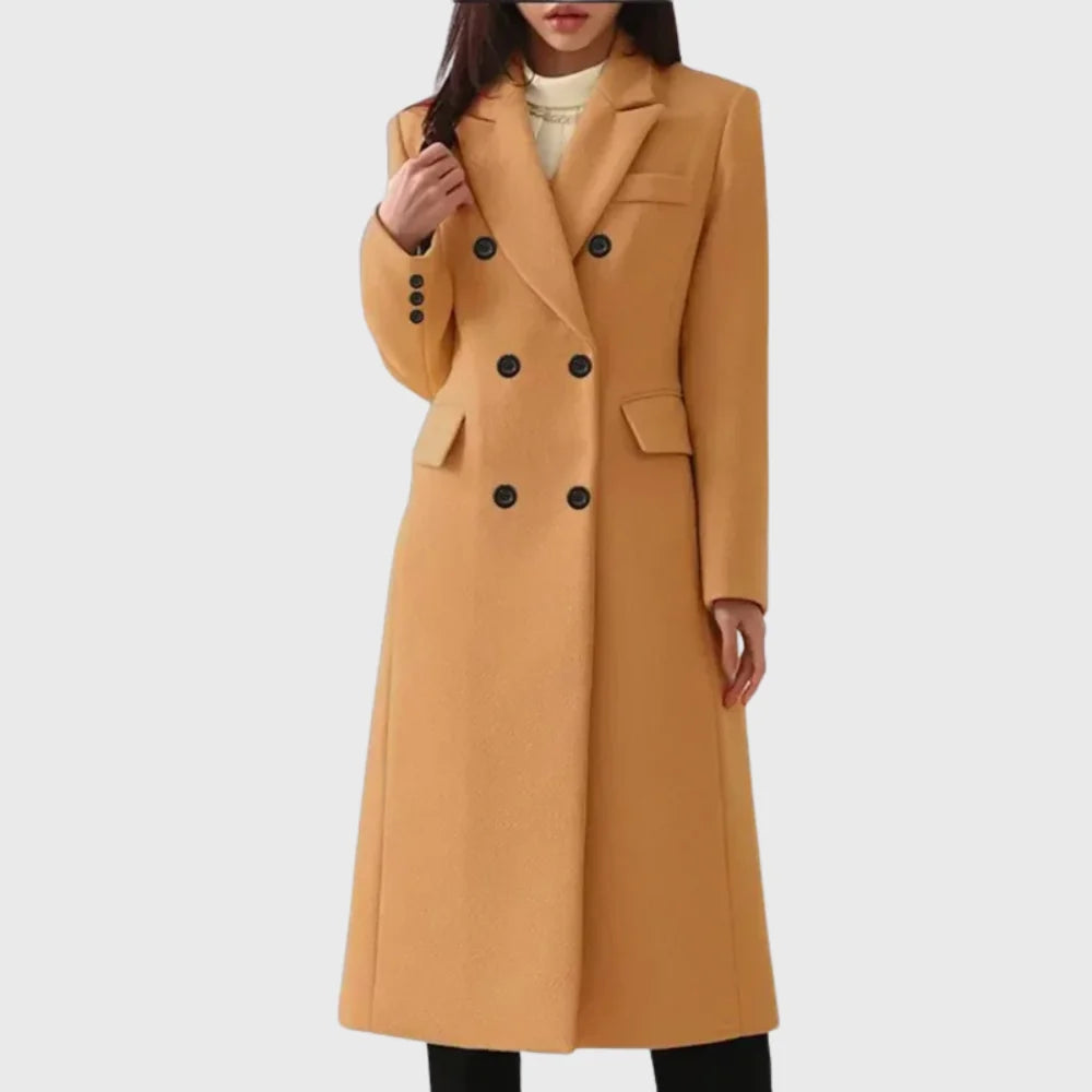 Getailleerde Lange Winterjas Dames Dubbelrij in Bruin, productfoto