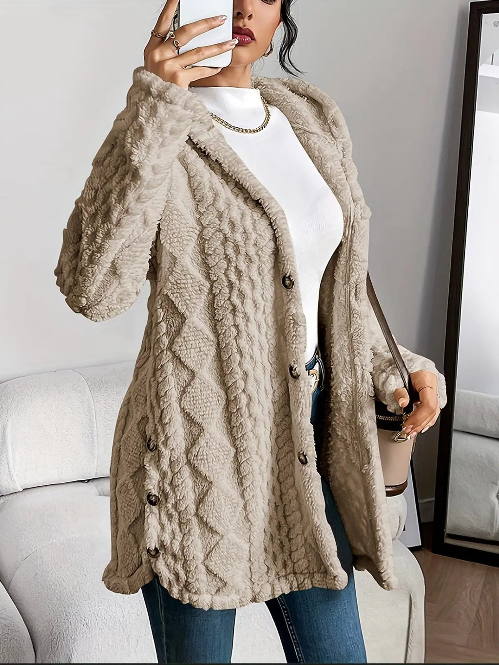 Oversized Vest met Capuchon Dames Fleece in Kaki, productfoto