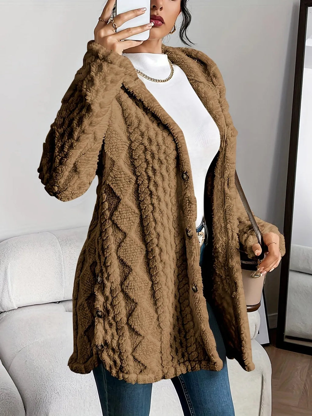 Oversized Vest met Capuchon Dames Fleece in Bruin, productfoto