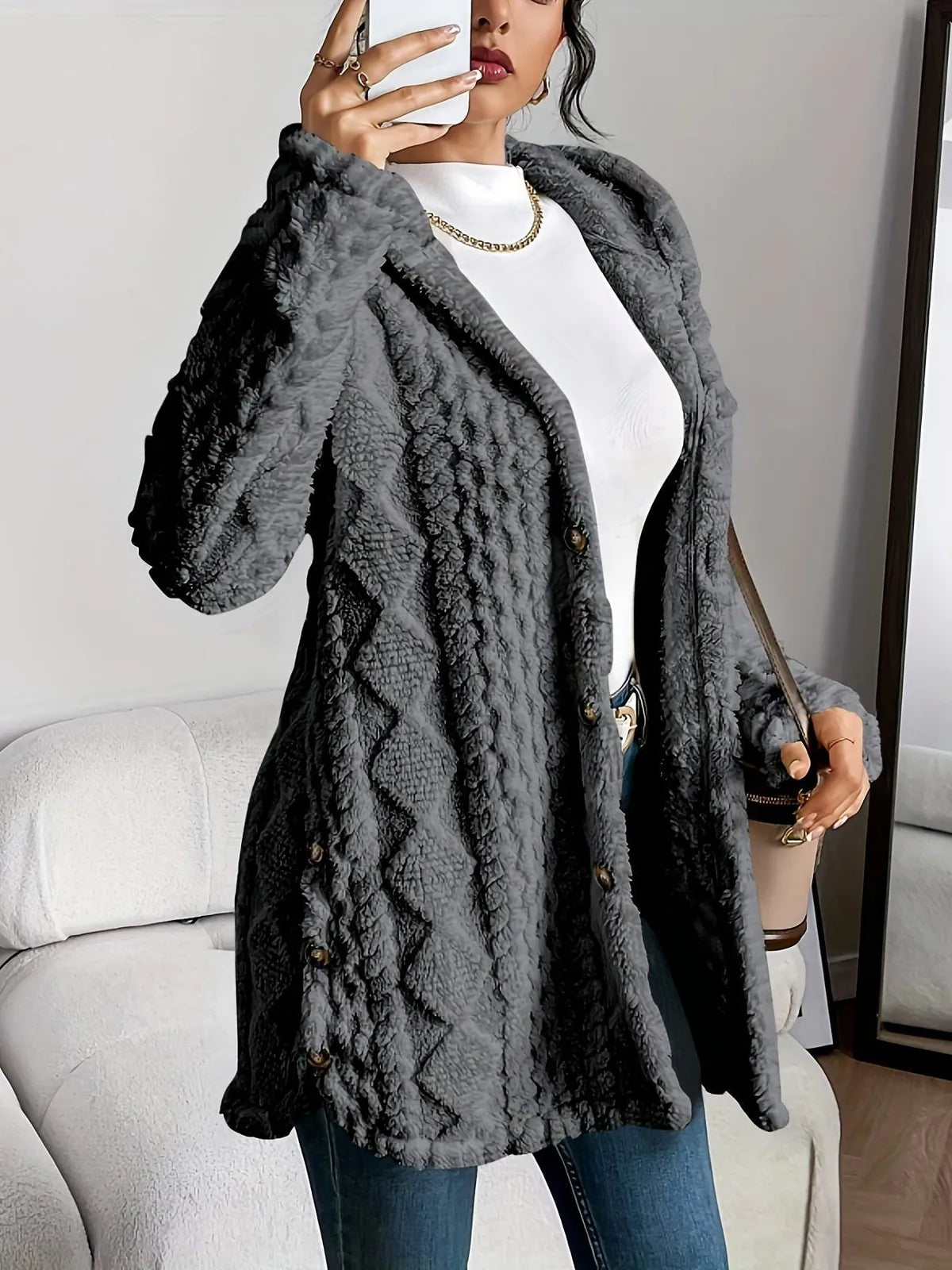 Oversized Vest met Capuchon Dames Fleece in Grijs, productfoto