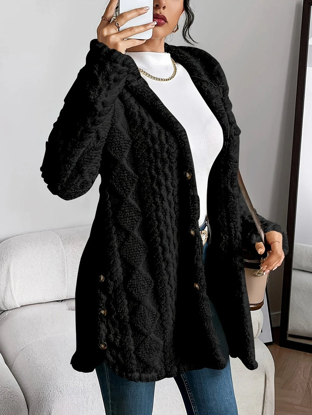 Oversized Vest met Capuchon Dames Fleece in Zwart, productfoto