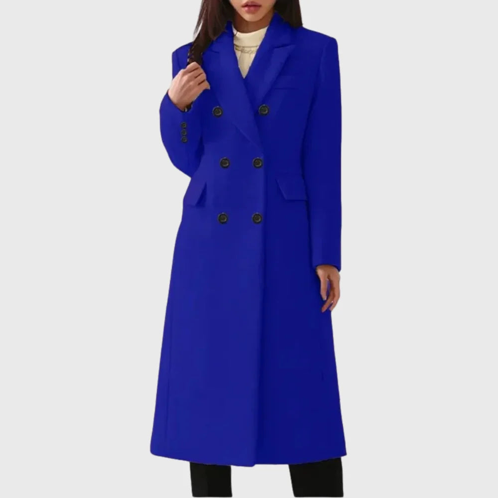Getailleerde Lange Winterjas Dames Dubbelrij in Blauw, productfoto