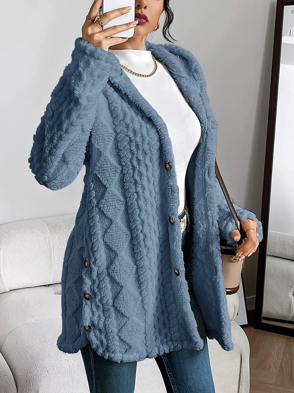 Oversized Vest met Capuchon Dames Fleece in Denimblauw, productfoto