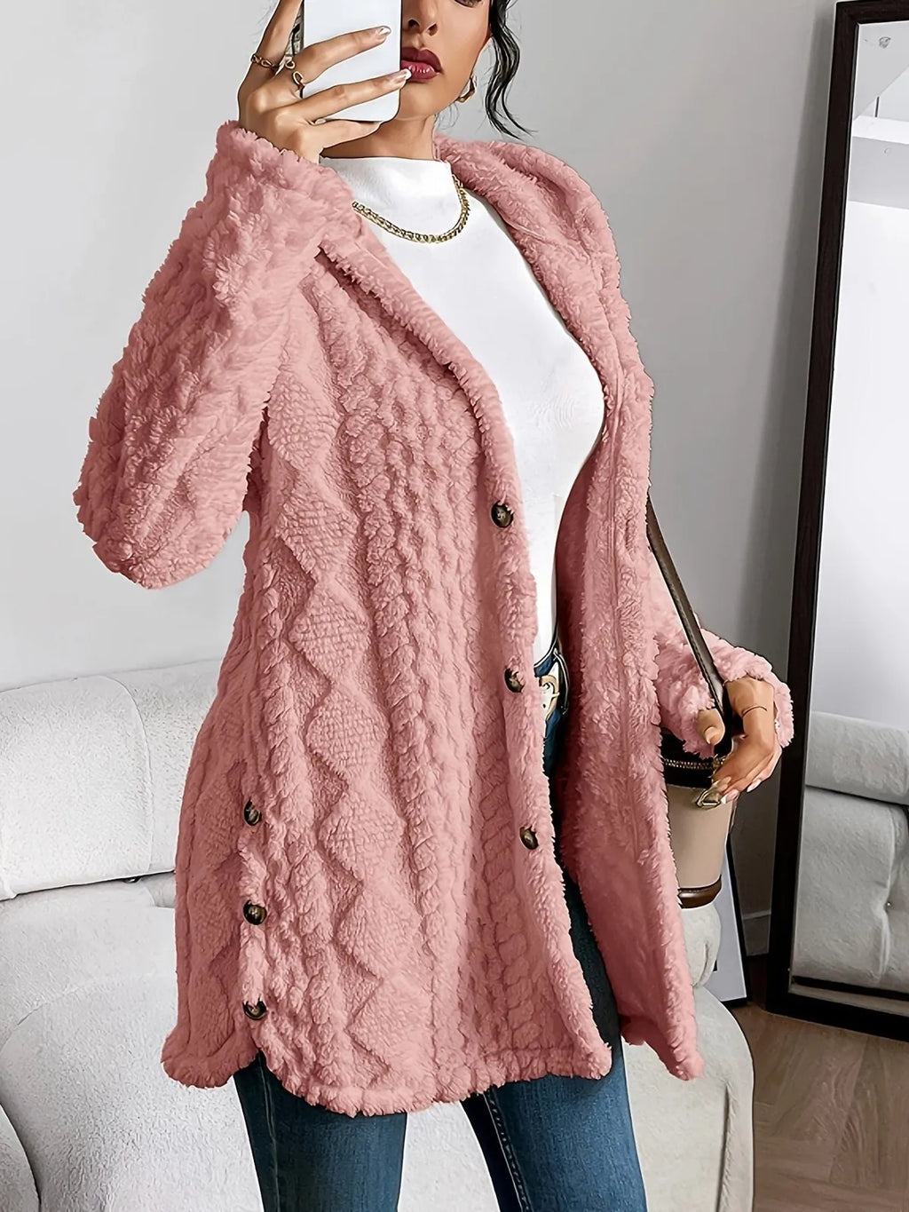 Oversized Vest met Capuchon Dames Fleece in Roze, productfoto