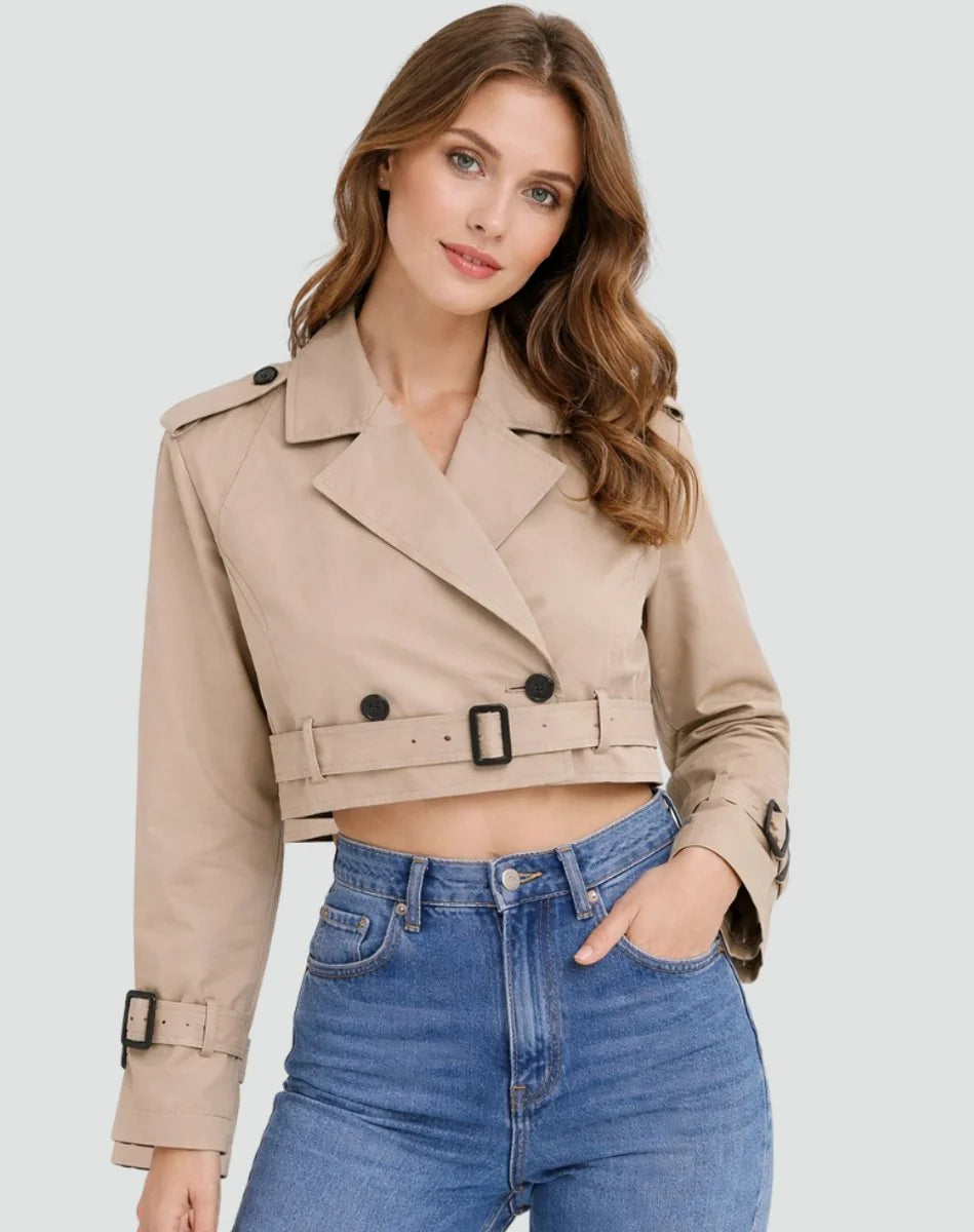 Korte Trenchcoat Dames Dubbelrij in Kaki, productfoto