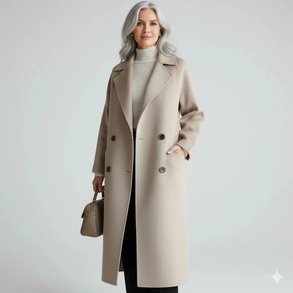 Dubbelrij Winterjas Dames met Revers in Beige, productfoto