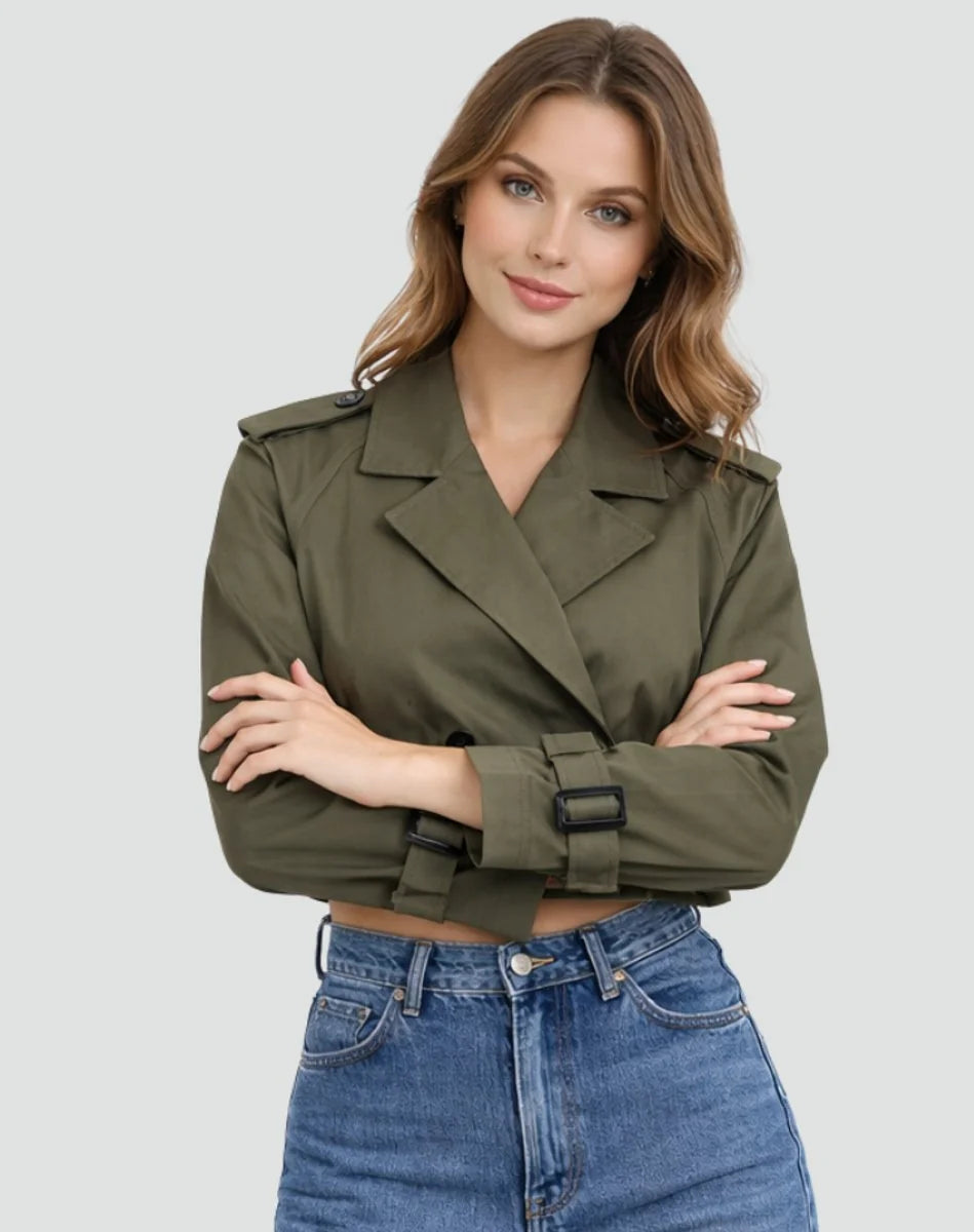 Korte Trenchcoat Dames Dubbelrij in Legergroen, productfoto