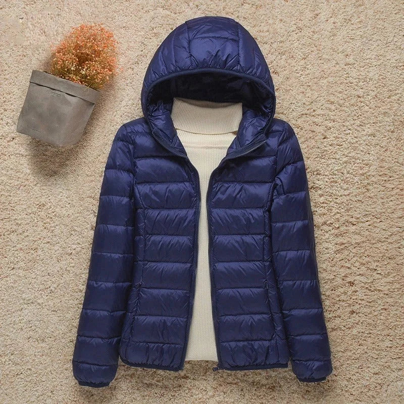 Pufferjas Dames Lichtgewicht met Capuchon in Marineblauw, productfoto