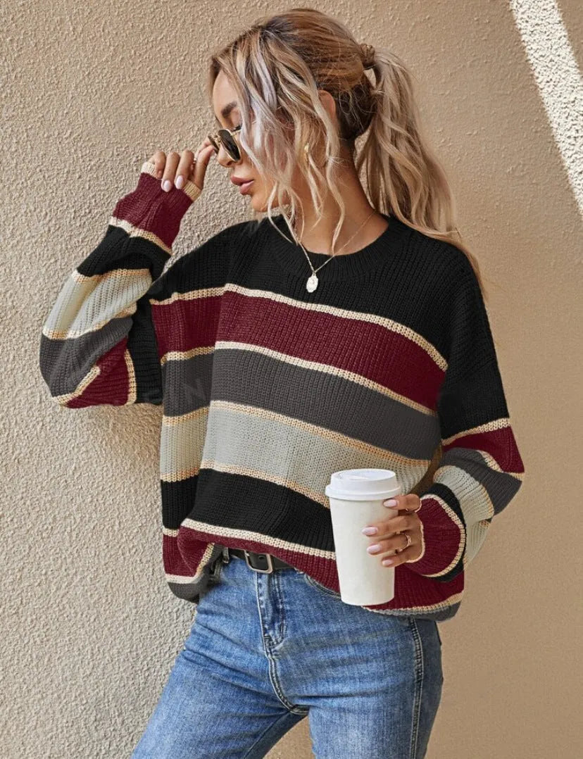 Gestreepte Trui Dames Grofgebreid Oversized in Zwart Gestreept, productfoto