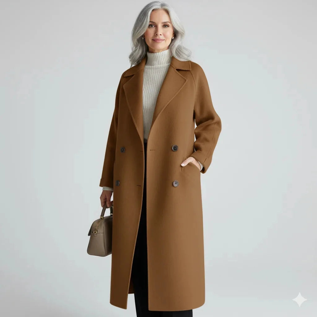 Dubbelrij Winterjas Dames met Revers in Bruin, productfoto