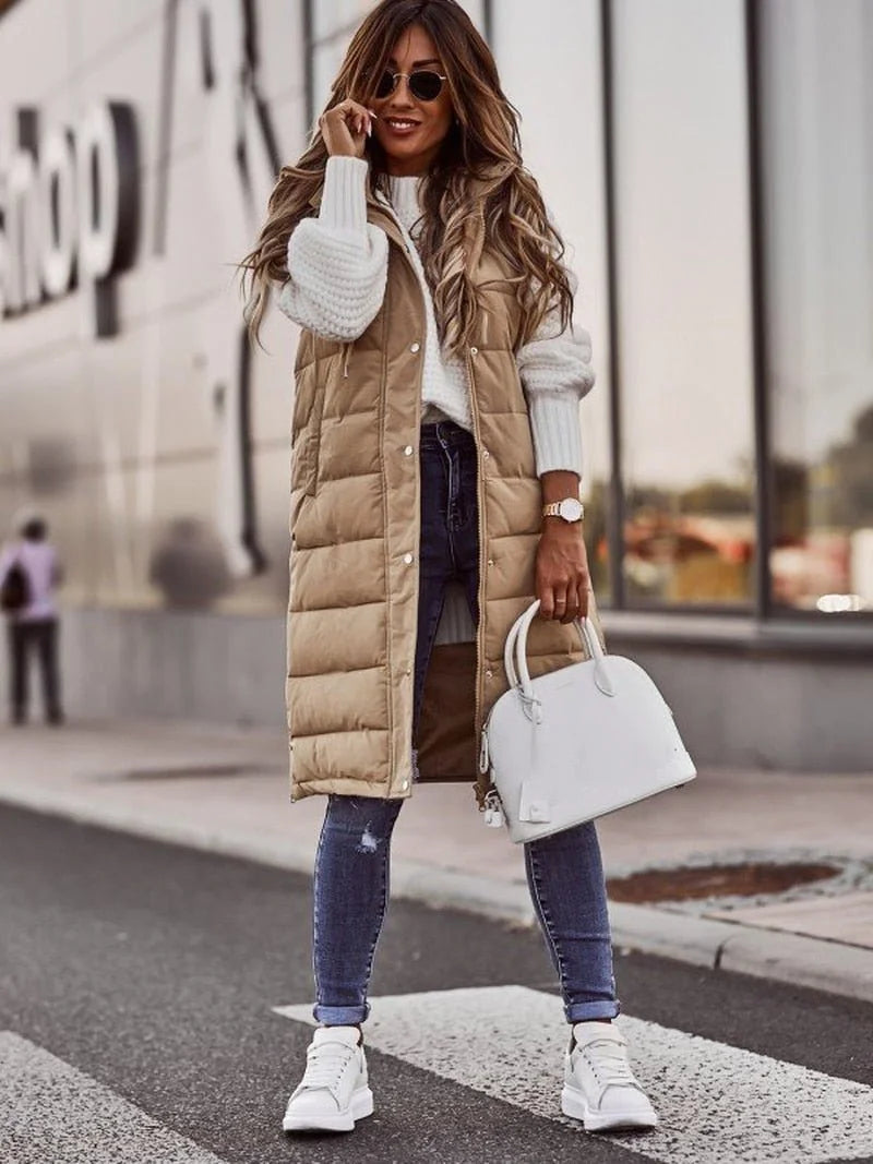 Lange Gewatteerde Bodywarmer Dames met Capuchon in Beige, productfoto