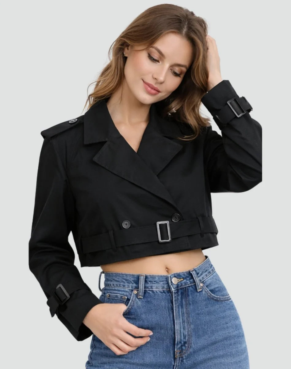 Korte Trenchcoat Dames Dubbelrij in Zwart, productfoto