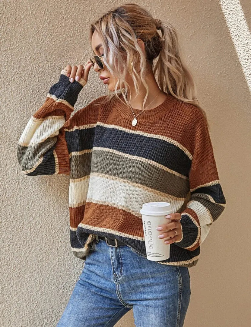 Gestreepte Trui Dames Grofgebreid Oversized in Roestbruin Gestreept, productfoto