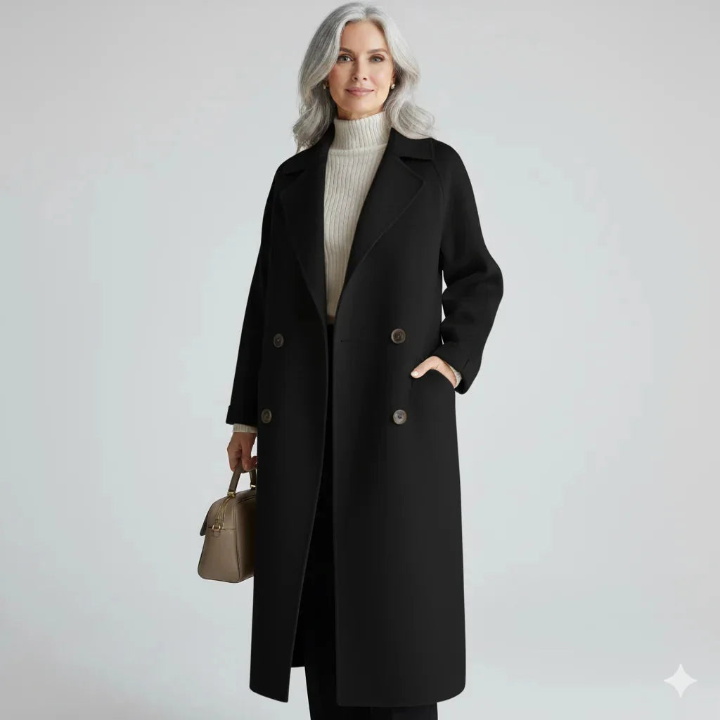 Dubbelrij Winterjas Dames met Revers in Zwart, productfoto