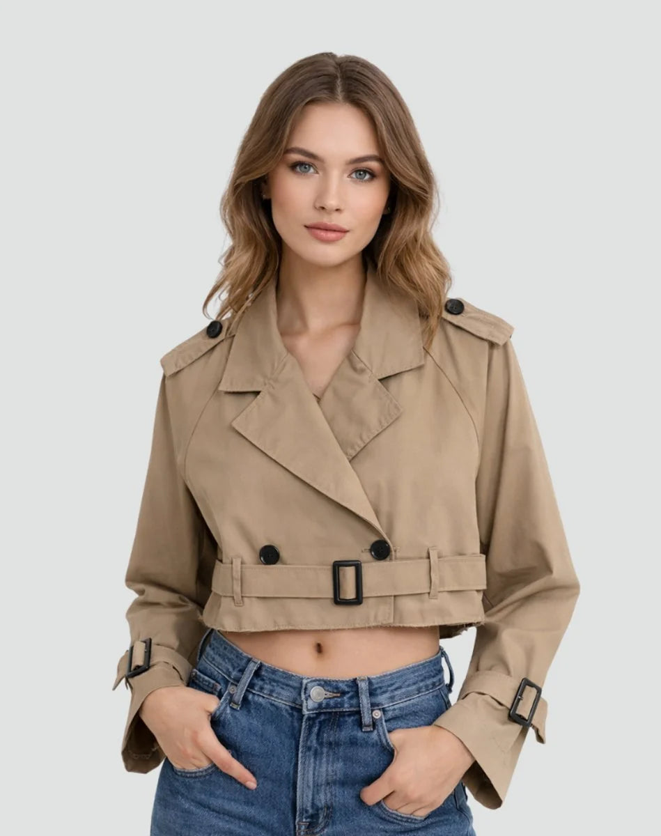 Korte Trenchcoat Dames Dubbelrij in Bruin, productfoto