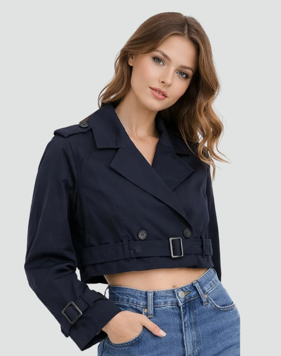 Korte Trenchcoat Dames Dubbelrij in Marineblauw, productfoto