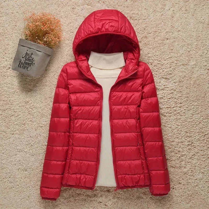 Pufferjas Dames Lichtgewicht met Capuchon in Rood, productfoto
