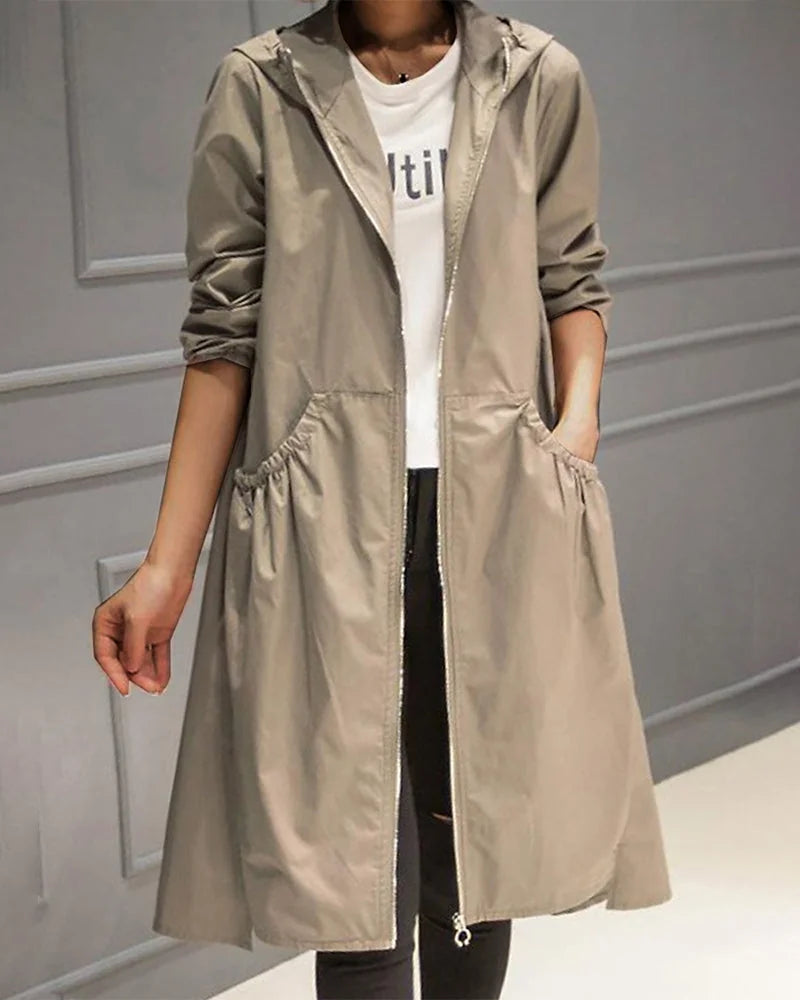 Lange Trenchcoat Dames met Capuchon in Kaki, productfoto