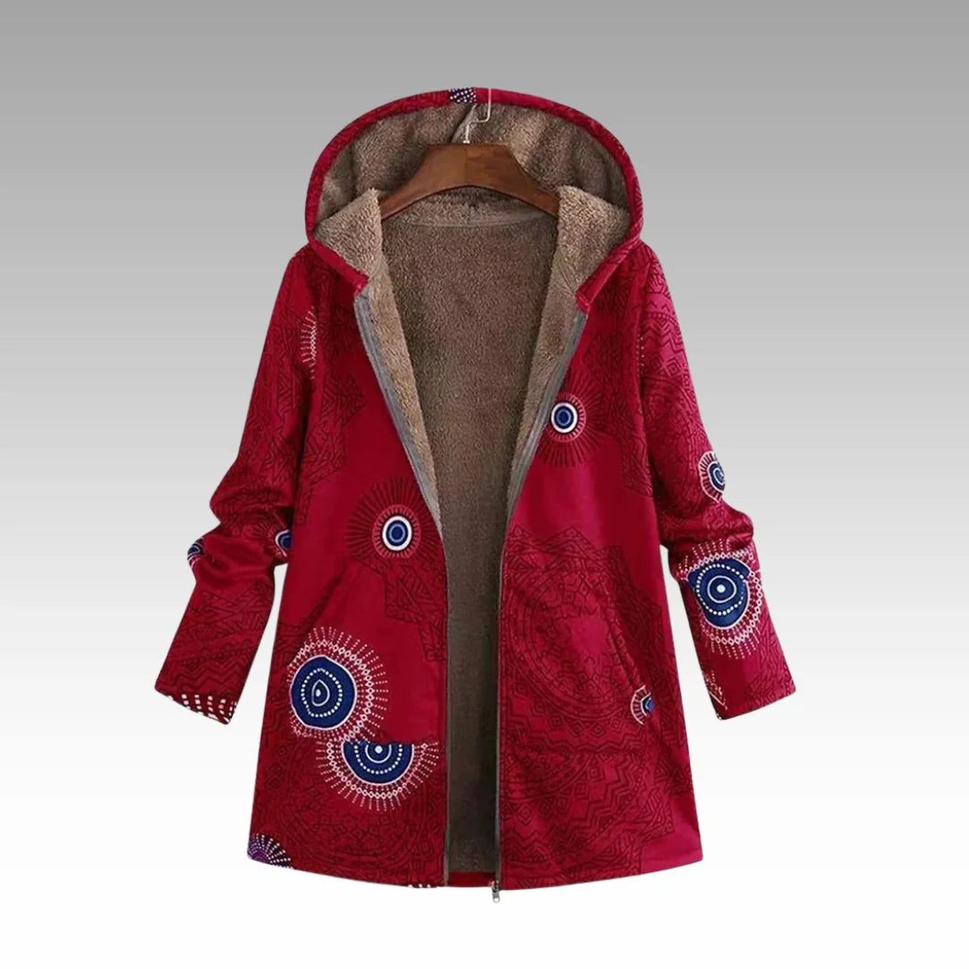 Gevoerde Winterjas Dames met Capuchon en Print in Rood, productfoto