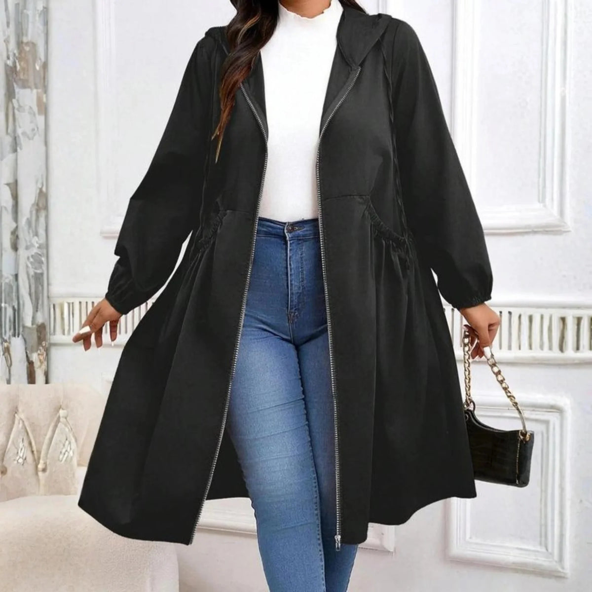 Winterjas met Capuchon Dames Lang met Rits in Zwart, productfoto