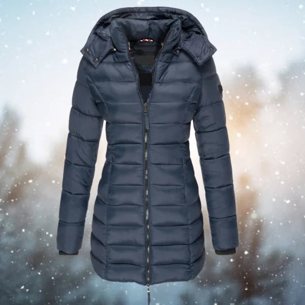 Lange Gewatteerde Jas Dames met Capuchon in Marineblauw, productfoto