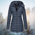 Lange Gewatteerde Jas Dames met Capuchon in Marineblauw, productfoto