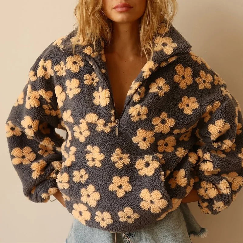 Teddy Trui Dames met Bloemenprint en Halve Rits in Geel, productfoto