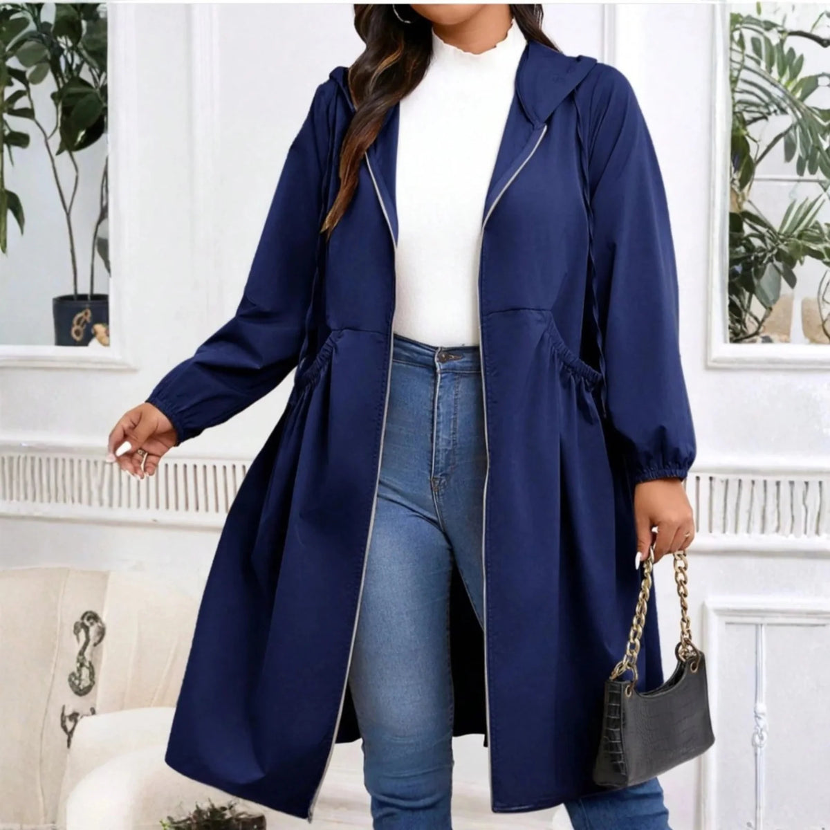 Winterjas met Capuchon Dames Lang met Rits in Marineblauw, productfoto