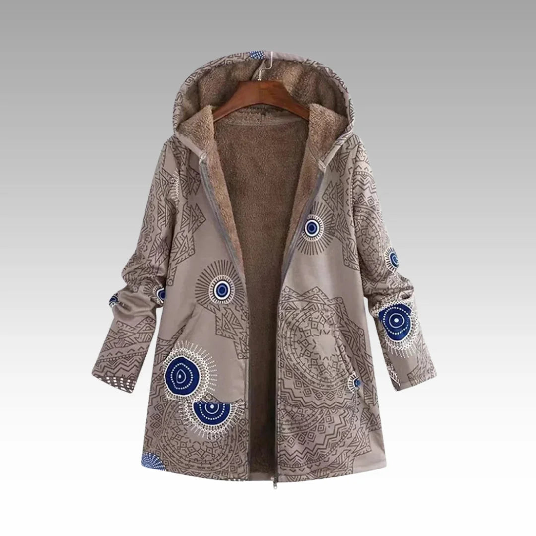 Gevoerde Winterjas Dames met Capuchon en Print in Taupe, productfoto