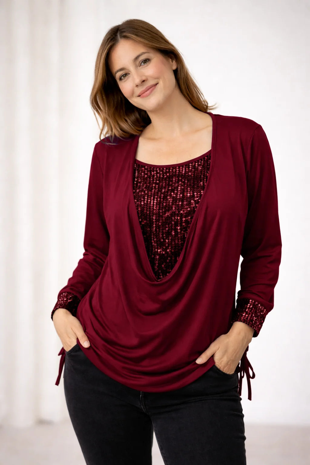 Glitter Top Dames met Lange Mouwen in Rood, productfoto