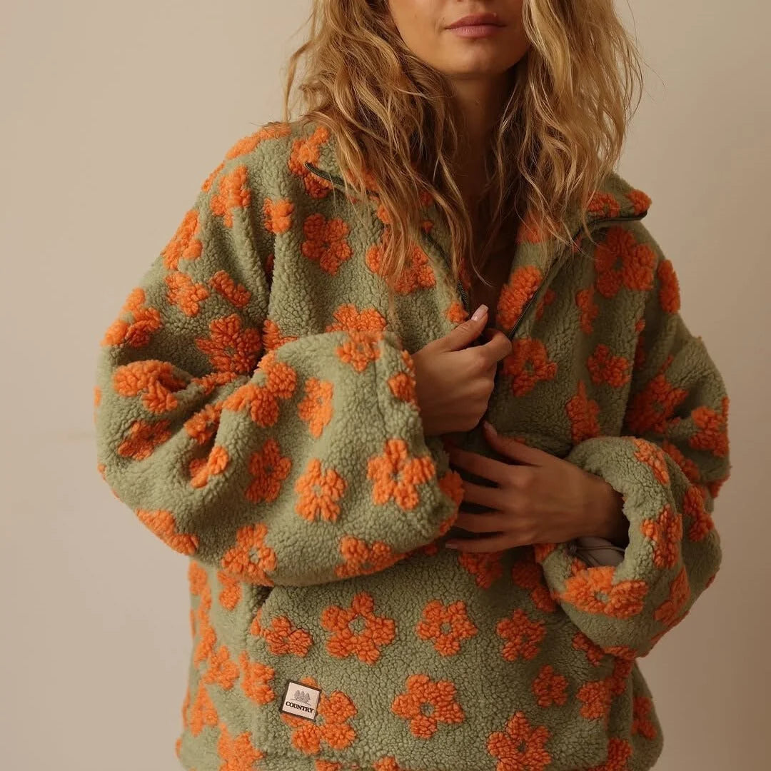 Teddy Trui Dames met Bloemenprint en Halve Rits in Oranje, productfoto