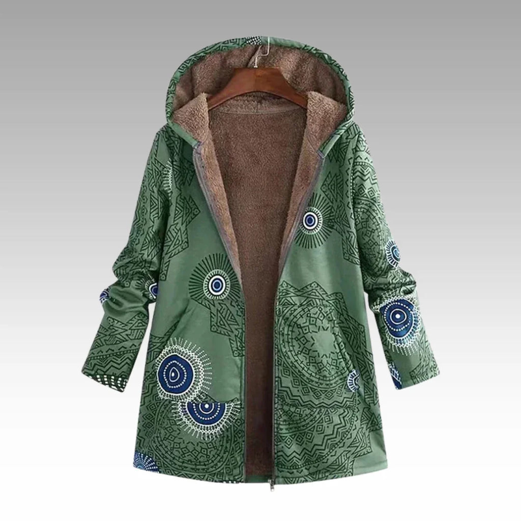 Gevoerde Winterjas Dames met Capuchon en Print in Saliegroen, productfoto