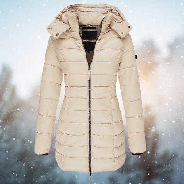 Lange Gewatteerde Jas Dames met Capuchon in Beige, productfoto