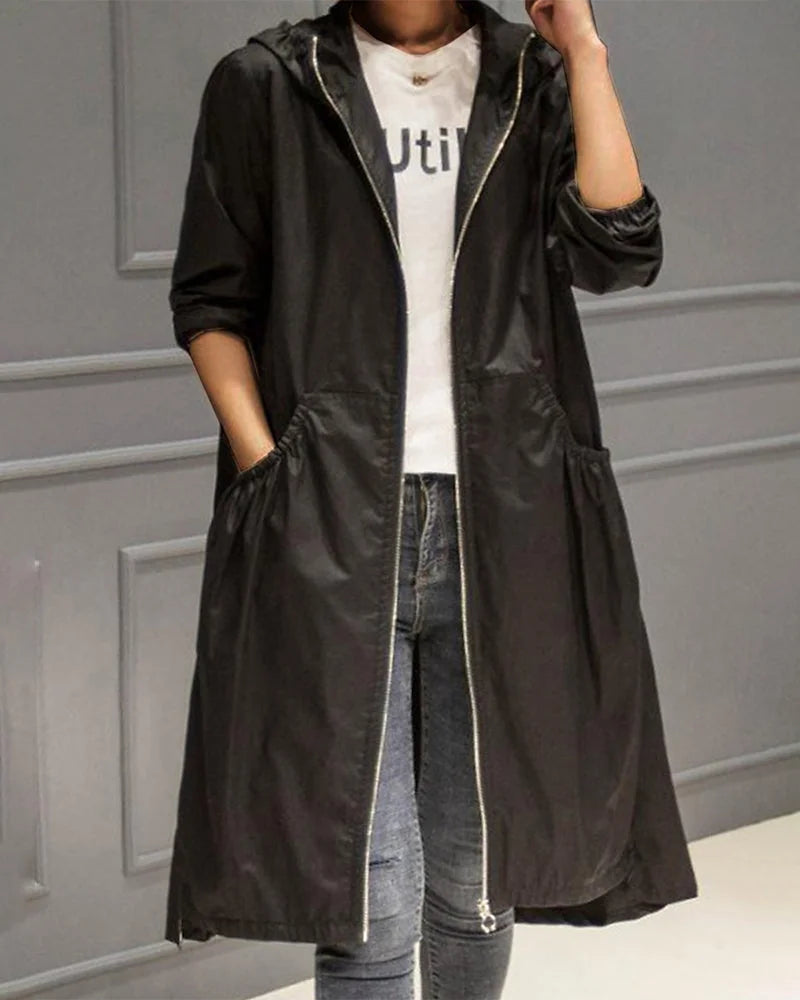 Lange Trenchcoat Dames met Capuchon in Zwart, productfoto