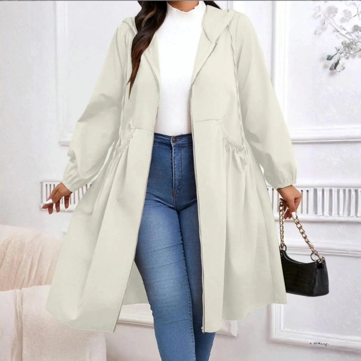 Winterjas met Capuchon Dames Lang met Rits in Beige, productfoto