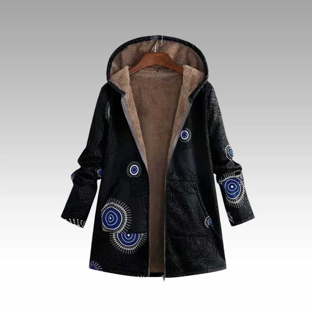 Gevoerde Winterjas Dames met Capuchon en Print in Zwart, productfoto
