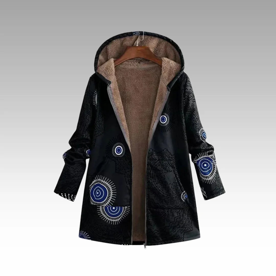 Gevoerde Winterjas Dames met Capuchon en Print in Zwart, productfoto